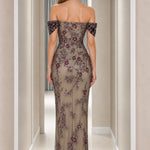 Off-the-Shoulder Floral Embroidered Beaded Maxi Evening Gown