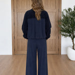 Women's Contrast Collar Zip Jacket and Wide-Leg Pants Two-Piece Set