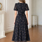 Vintage Floral Bow-Front A-Line Midi Dress with Puff Sleeves