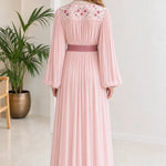 Embroidered Pleated Kaftan Maxi Dress with Embellished Belt