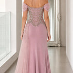 Off-the-Shoulder Beaded Corset Evening Gown with Tulle Drape