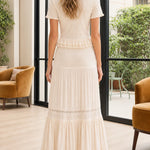 Women's Ribbed Short Sleeve Button Top and Tiered Maxi Skirt Set