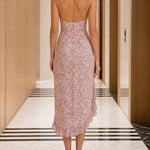 Floral Halter Neck Backless Midi Dress with Ruffle Slit Hem
