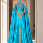 Halter Neck Embroidered Cape Evening Gown with Beaded Fringe