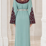 Embroidered Moroccan Caftan Maxi Dress with Ornate Belt and Flared Sleeves
