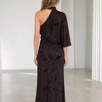 One-Shoulder High Neck Embellished Maxi Dress with Draped Flutter Sleeve