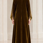 Women's Embroidered Velvet Kaftan Maxi Dress with Beaded Fringe V-Neck