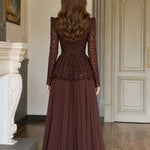 Long Sleeve Lace Peplum Evening Gown with Pleated Maxi Skirt