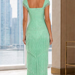 Rhinestone Sweetheart Fringe Maxi Gown with Cap Sleeves