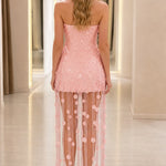 Strapless Sequin Fringe Maxi Dress with Disc Embellishments
