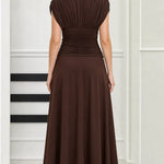 Elegant Ruched Waist V-Neck Midi Dress with Embellished Accents