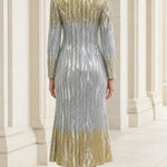 Metallic Sequin Chevron Long Sleeve Midi Evening Dress