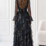 Floral Print Long Sleeve Chiffon Maxi Dress with Cascading Side Ruffles
