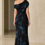 One-Shoulder Sequin Floral Evening Gown