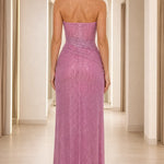 Strapless Shimmer Draped Evening Gown with Slit