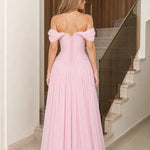 Off-the-Shoulder Beaded Ruched Chiffon Evening Gown