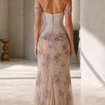 Off-the-Shoulder Sweetheart Sequin Floral Evening Gown with Slit