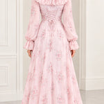 Floral Print Ruffled High-Neck Maxi Dress with Long Sleeves and Pearl Trim