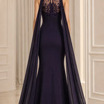 High Neck Embroidered Mermaid Evening Gown with Attached Cape