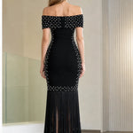 Off-the-Shoulder Pearl Embellished Fringe Hem Maxi Evening Dress