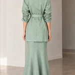 Women's Double-Breasted Belted Blazer and Flared Maxi Skirt 2-Piece Suit Set
