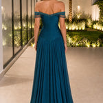 Off-The-Shoulder Beaded Fringe Ruched Chiffon Evening Gown
