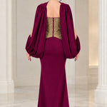 Strapless Sequin Corset Evening Gown with Embellished Cape Shawl