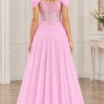 Off-the-Shoulder Beaded Bodice Tulle Formal Evening Gown