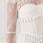 Long Sleeve Lace Corset Maxi Dress with Tassel Fringe and Cutout Back