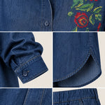 Women's Floral Embroidered Denim Shirt and Wide-Leg Pants Set