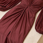 Deep V-Neck Pleated Long Sleeve Twist Front Evening Gown with Slit