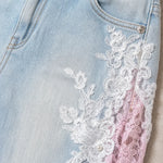 Women's Floral Lace Inset Flare Jeans Bohemian Embroidered Bell Bottom Pants