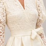 Floral Lace Puff Sleeve Belted Satin Maxi Dress
