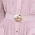 Floral Lace Button-Down Shirt Midi Dress with Ornate Buckle Belt
