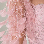 Feather Applique Sequin Embroidered Evening Gown with Tulle Overskirt