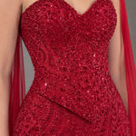 Strapless Sweetheart Sequin Mermaid Evening Gown with Chiffon Cape Scarf
