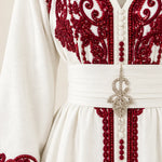 Embroidered Moroccan Kaftan V-Neck Belted Maxi Dress