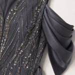 Sequin V-Neck Cold-Shoulder Evening Gown with Draped Satin Train