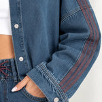 Women's Side Stripe Denim Jacket and Wide Leg Pants Two-Piece Set