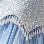 Strapless Beaded Corset Evening Gown with Scalloped Fringe & Chiffon Skirt
