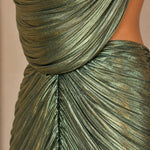 High Neck Pleated Shimmer Backless Maxi Evening Dress