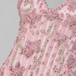Sequined Corset Evening Gown with Bow Straps and Feather Hem