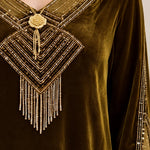 Women's Embroidered Velvet Kaftan Maxi Dress with Beaded Fringe V-Neck