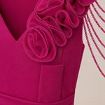 Elegant V-Neck Ruffled Slit Evening Gown with Beaded Floral Detail