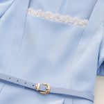 Square Neck Lace Trim Belted Mini Dress with Puff Sleeves