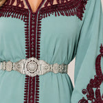 Embroidered Moroccan Caftan Maxi Dress with Ornate Belt and Flared Sleeves
