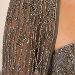 Strapless Beaded Column Evening Gown with Dramatic Sheer Cape