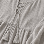 Women's Boho Lace-Up Tassel Maxi Dress Long Balloon Sleeve Textured Caftan