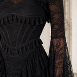 Gothic Lace Corset Maxi Dress with Dramatic Bell Sleeves and Tiered Ruffle Skirt