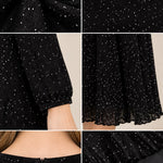 Women's Micro Dot Print Long Sleeve Midi Dress Elegant A-Line Pleated Hem Dress